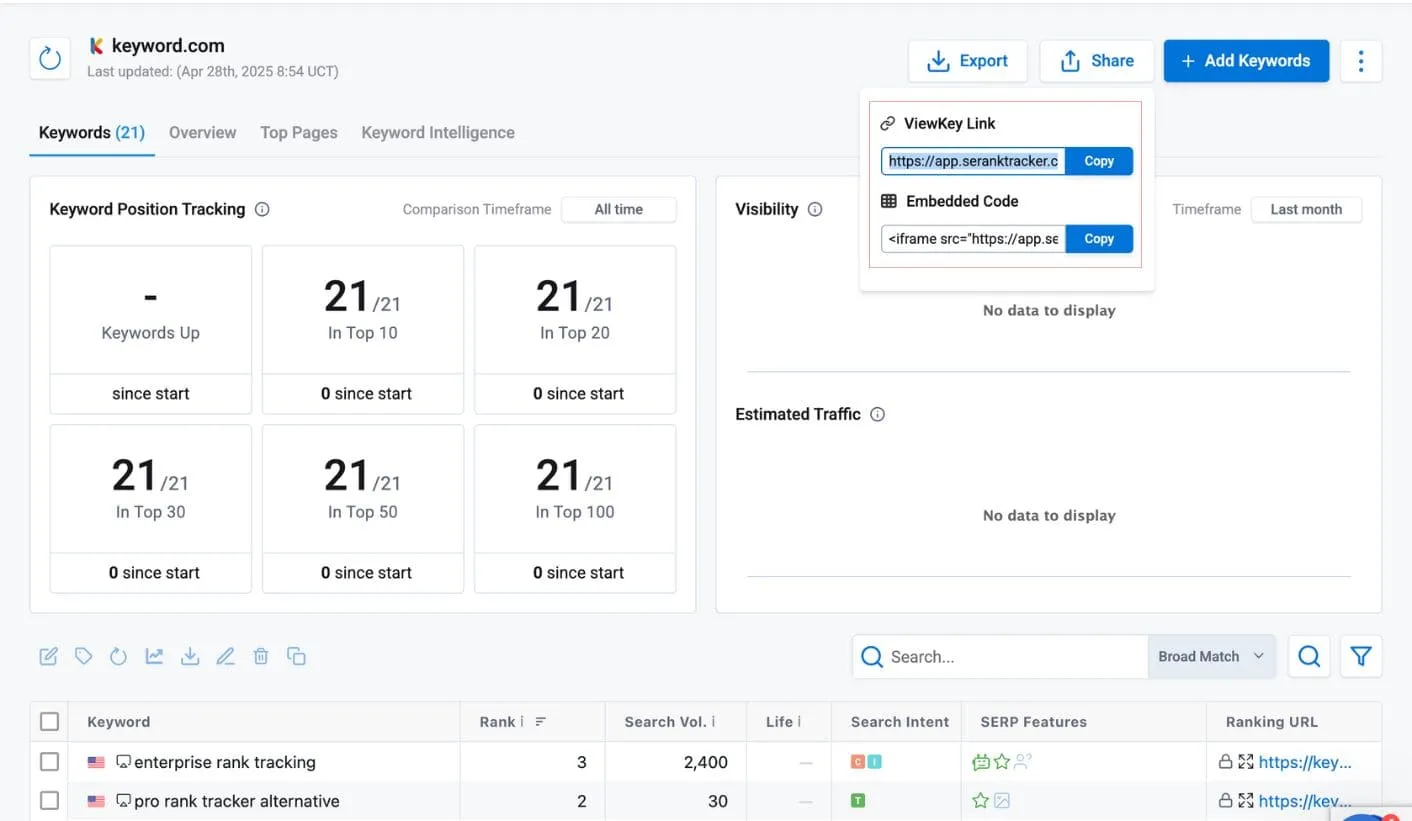 Fenêtre modale montrant comment générer un lien ViewKey partageable et un code d'intégration.