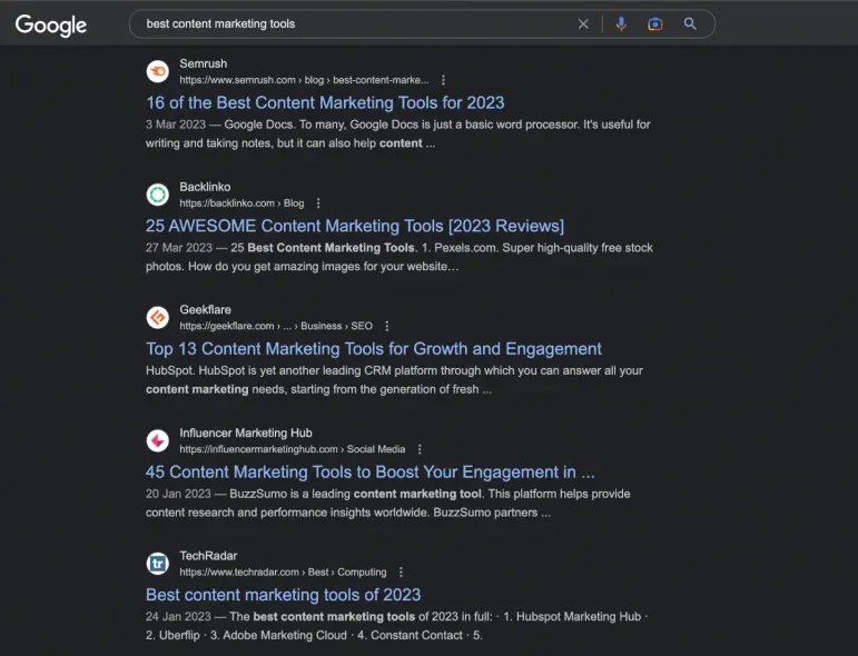 Résultats de mots-clés dans Keyword.com
