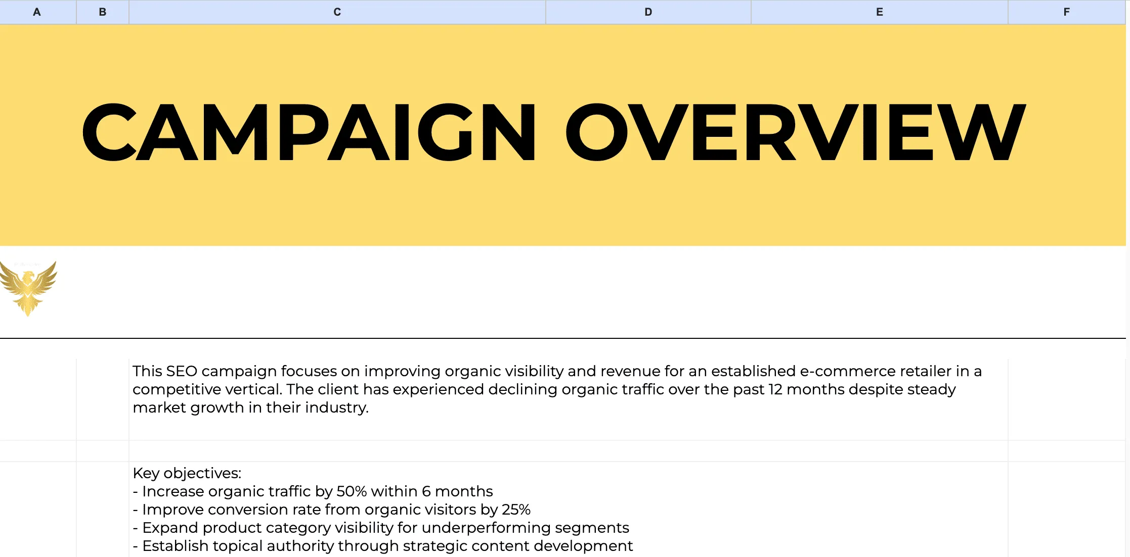 Vue d'un tableur de planification mensuelle des tâches SEO avec objectifs et statuts.