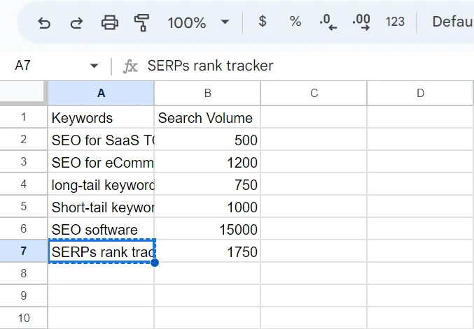 A spreadsheet containing keywords with their search volumes