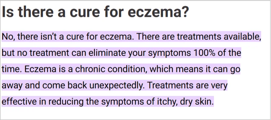 Screenshot of Google AI Overview explaining there is no cure for eczema but highlighting treatments for symptom management.