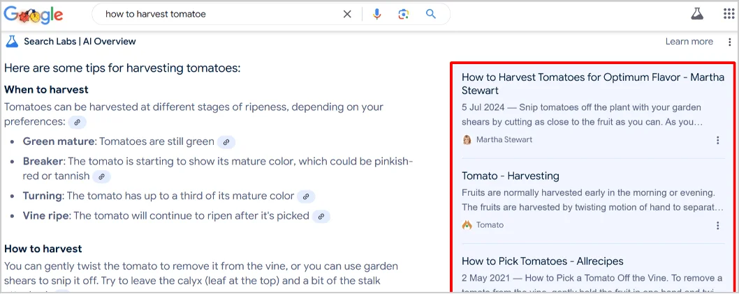 Google AI Overview search result offering tips for harvesting tomatoes, with citations to Martha Stewart and other sources.