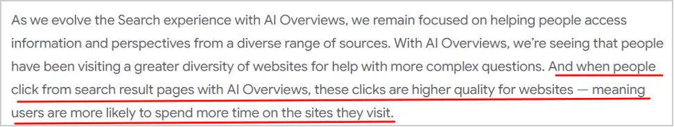 Google statement emphasizing that clicks from AI Overview search results lead to users spending more time on visited websites.
