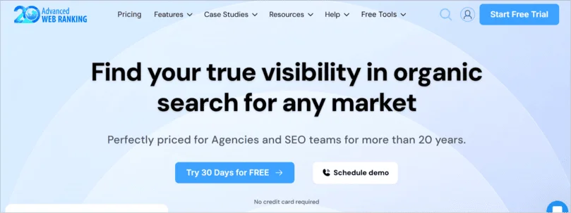 Screenshot of Advanced Web Ranking’s homepage promoting its organic search visibility tools, with features for agencies and SEO teams.