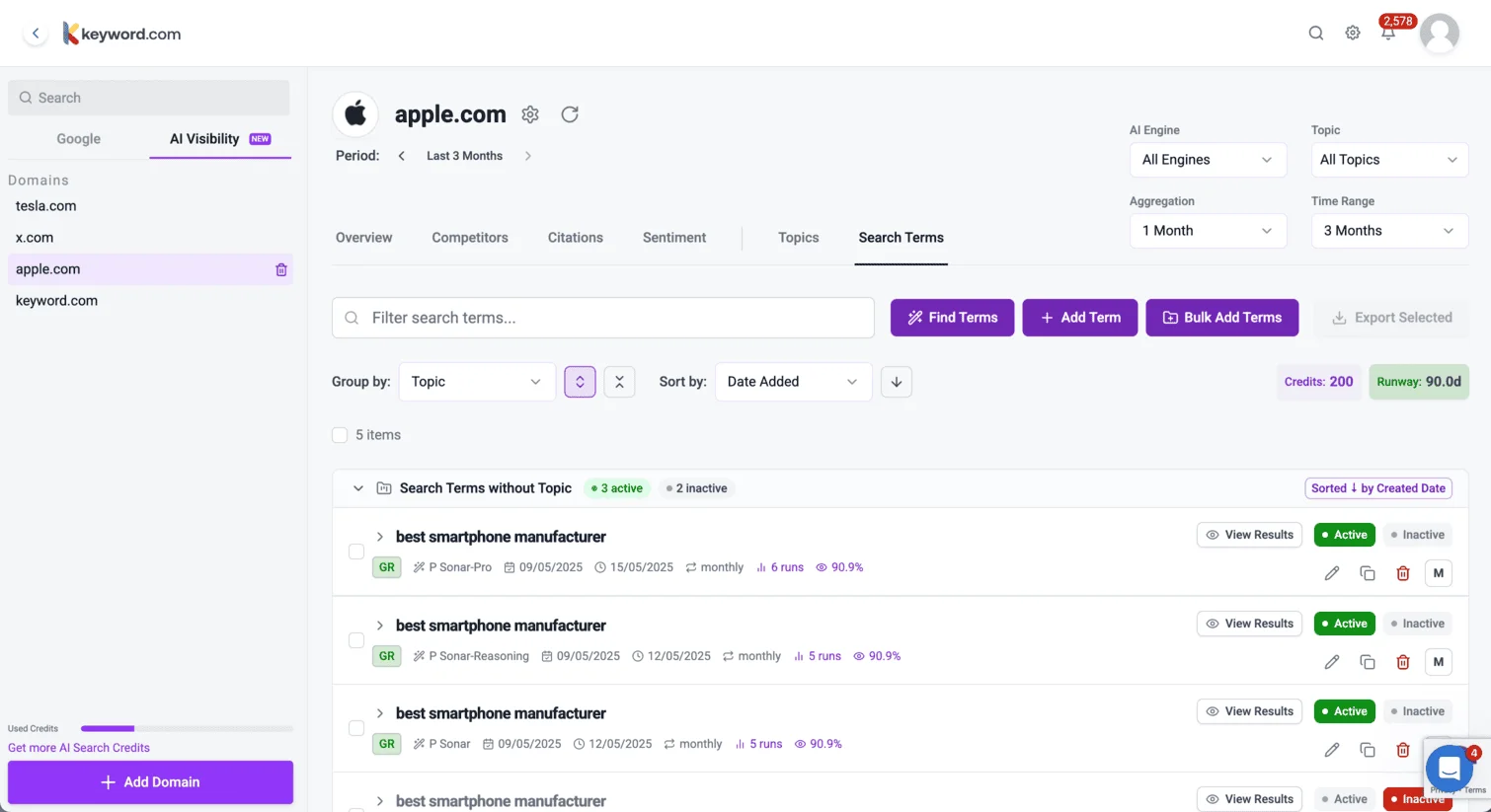Search term results showing visibility and performance for Apple.com using Perplexity AI engines