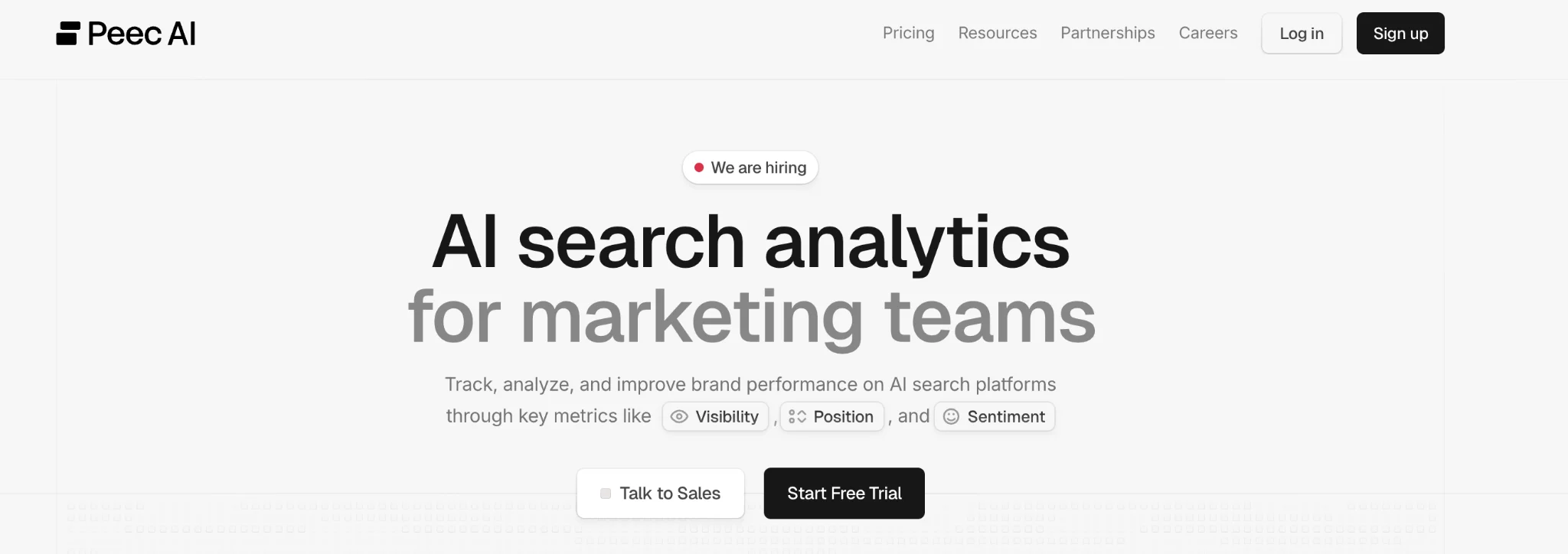 Peec AI homepage promoting AI search analytics for marketing teams with key metrics for visibility, position, and sentiment