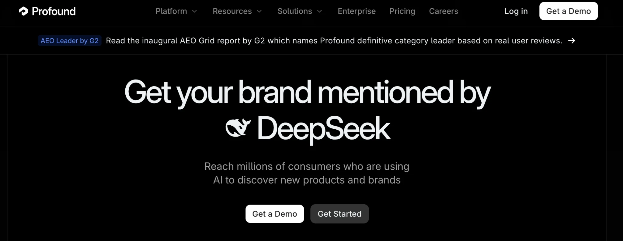 Profound AI homepage with "Get your brand mentioned by DeepSeek" headline and AEO Leader by G2 badge