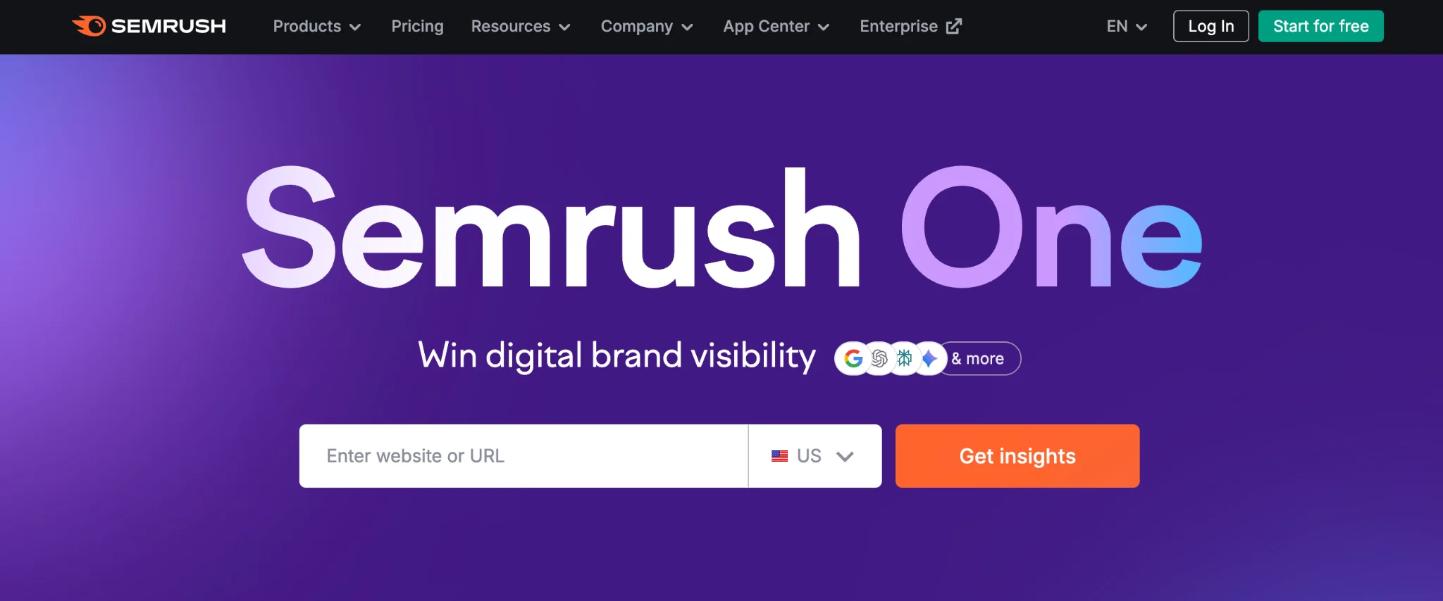 Semrush One landing page promoting digital brand visibility tracking across multiple search platforms