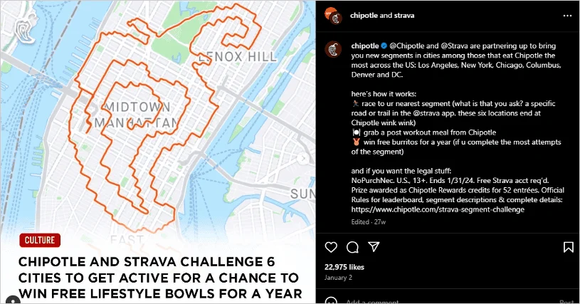 Example of Chipotle engaging with local communities on social media through a challenge in partnership with Strava, targeting cities like New York and Los Angeles.