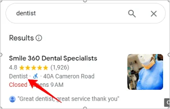 Google Business Profile example showing a private practice dentist with 