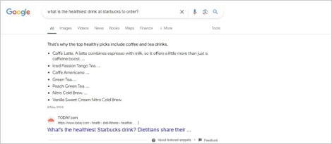 Exemple d’un featured snippet répondant à la requête « Quelle est la boisson la plus saine chez Starbucks ? » avec une liste de recommandations de boissons.