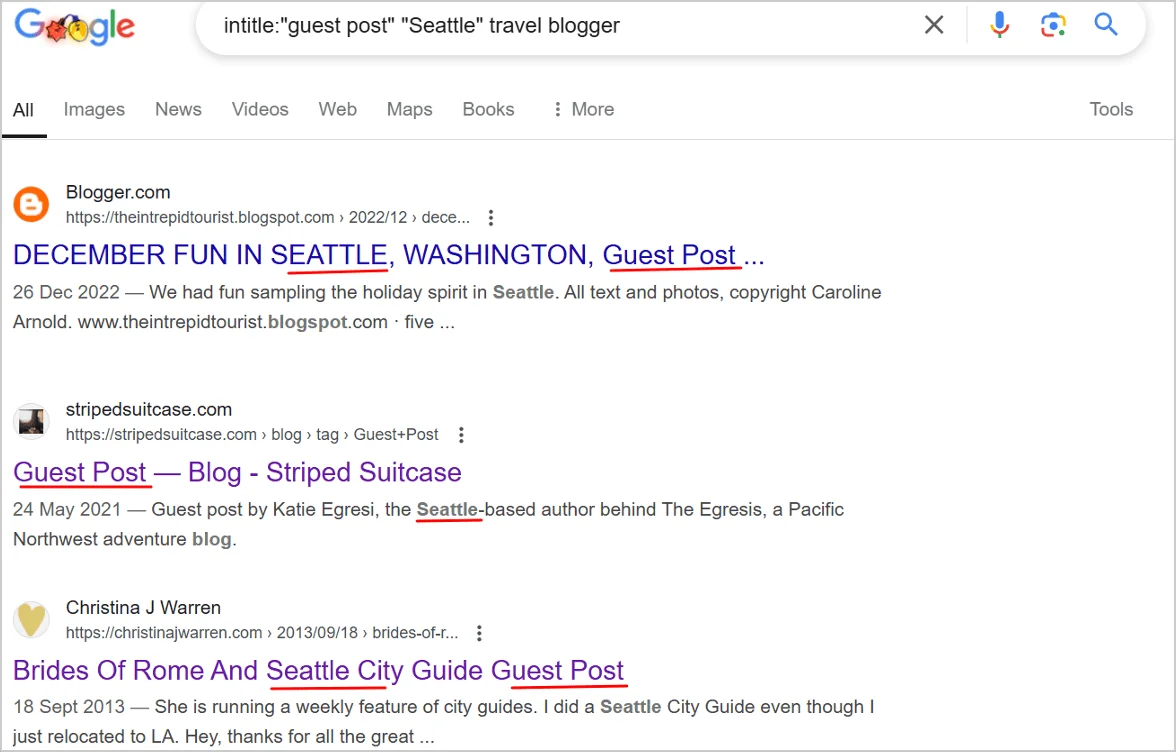 Resultados de búsqueda de Google para "intitle:guest post Seattle travel blogger", mostrando oportunidades de guest blogging para mejorar el SEO local