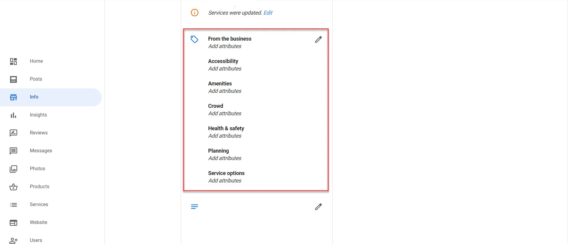 Atributos de Google Business Profile
