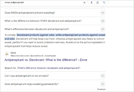 Extrait en vedette expliquant la différence entre déodorant et antisudorifique, mettant en évidence le produit de Nivea.