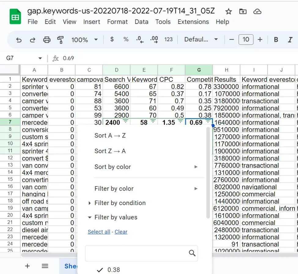 Google Sheet filter