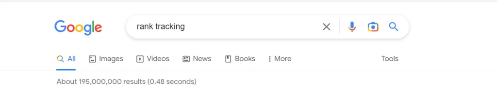 Page de résultats de recherche de Google pour le mot-clé « rank tracking »