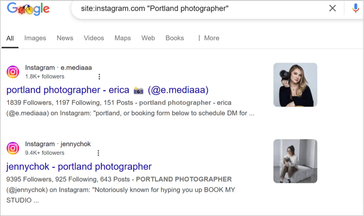 Resultados de búsqueda de Google usando la consulta "site:instagram.com Portland photographer", mostrando perfiles de Instagram de fotógrafos locales
