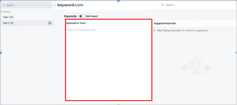 Captura de pantalla de la interfaz de seguimiento de keywords de Keyword.com con opciones para introducir keywords y recibir sugerencias relacionadas