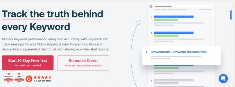 Screenshot of Keyword.com’s homepage showcasing keyword performance tracking with a 14-day free trial and white-label reporting features.