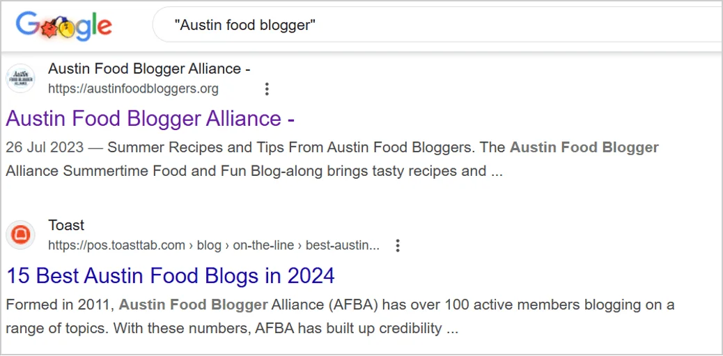 Resultados de búsqueda de Google para "Austin food blogger", destacando food bloggers locales y sitios relevantes para SEO local