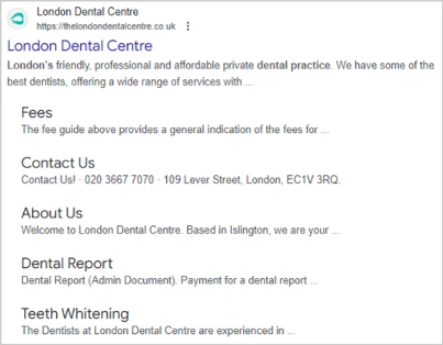 Example of a dental clinic using LocalBusiness schema markup to achieve Rich Results, displaying star ratings, business hours, contact details, and website pages in SERPs.
