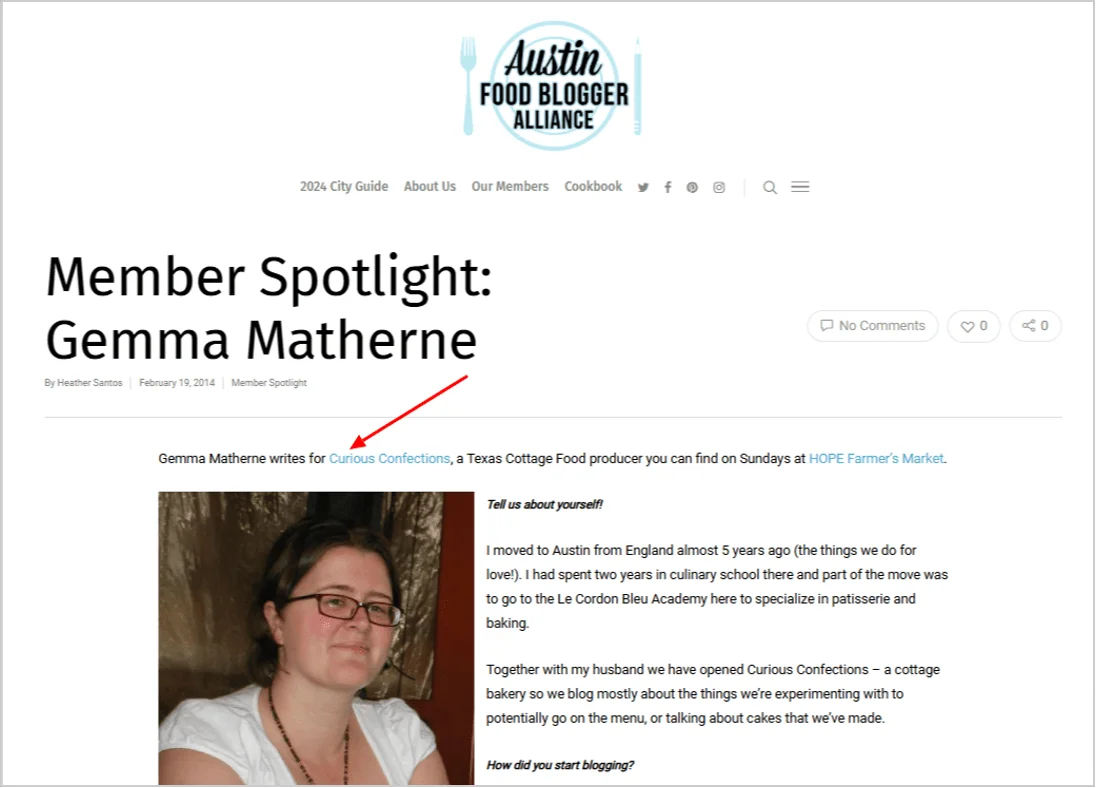 Captura de pantalla de Austin Food Blogger Alliance destacando el perfil de Gemma Matherne y su blog, Curious Confections, como productora Texas Cottage Food