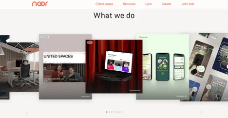 Capture d’écran de la page du portfolio de l’agence numérique Noor présentant diverses études de cas et des projets de marketing numérique réussis.
