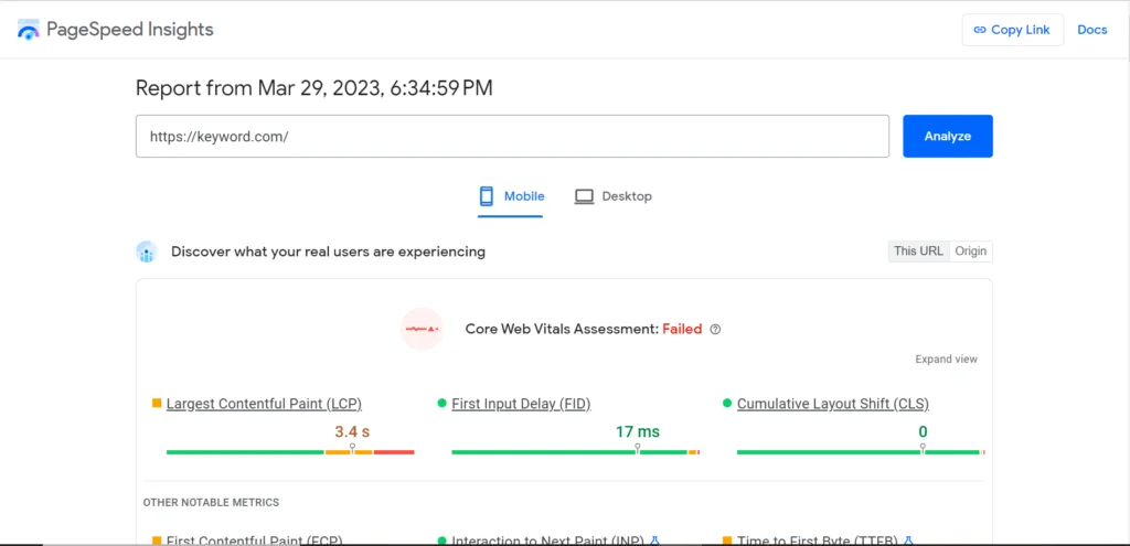 Dashboard PageSpeed Insights
