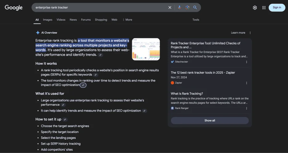 Capture d’écran d’une recherche Google pour « enterprise rank tracker » avec l’aperçu de l’IA activé, mettant en évidence les données de classement de recherche et les résultats liés au référencement.