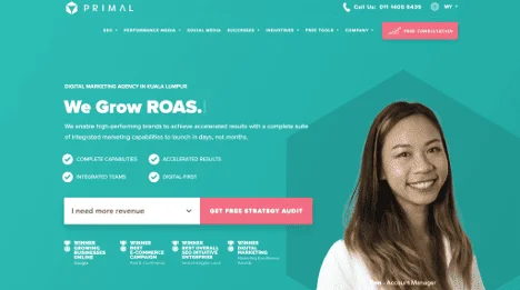 Capture d’écran de la page d’accueil de l’agence Primal mettant en évidence les services de référencement, de médias payants et de marketing numérique pour stimuler la croissance des revenus.