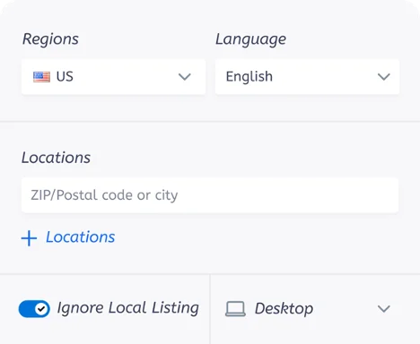 A settings panel in the Keyword.com rank tracker, allowing users to specify their search location, region, and device type for precise keyword monitoring.