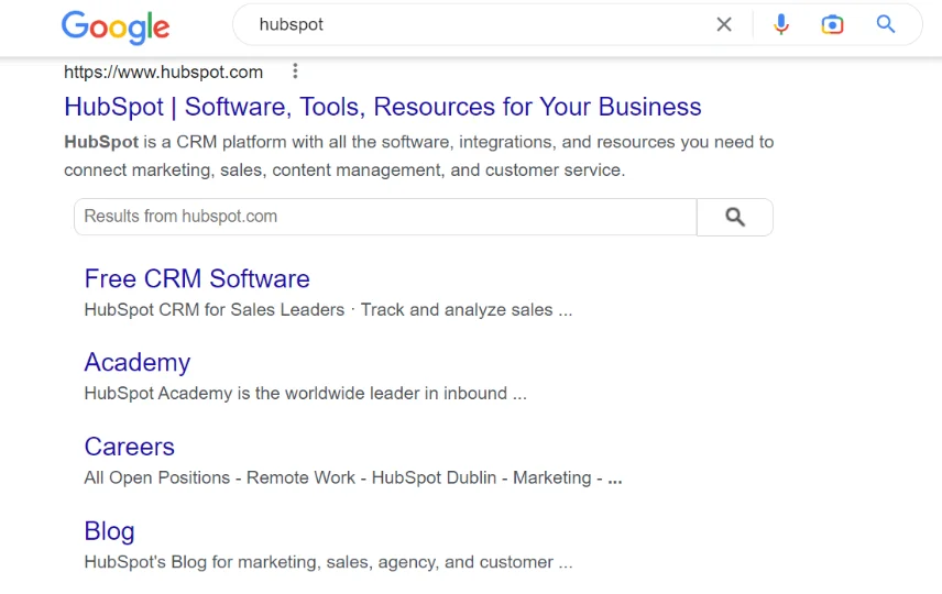 Example of how sitelinks are displayed in Google Search