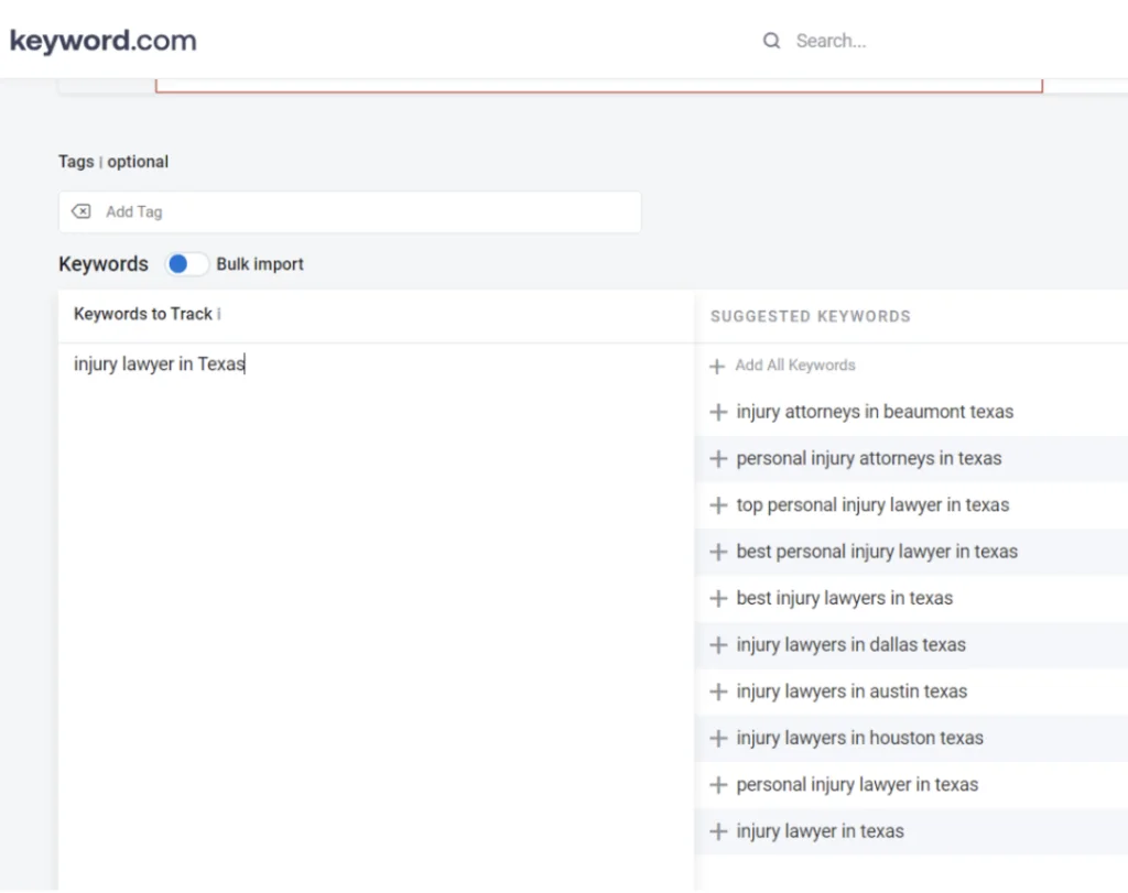 Keyword.com Dashboard for loading keywords