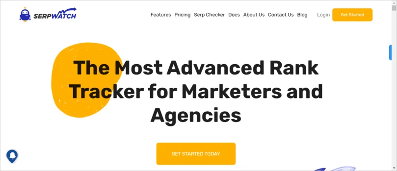 Screenshot of SerpWatch’s homepage advertising its rank tracker tool designed for marketers and agencies, featuring an intuitive interface.