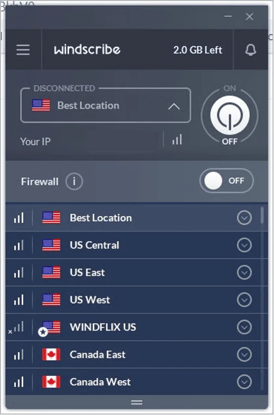 Capture d’écran de l’interface VPN de Windscribe montrant les options d’emplacement du serveur aux États-Unis et au Canada, le VPN étant actuellement déconnecté.