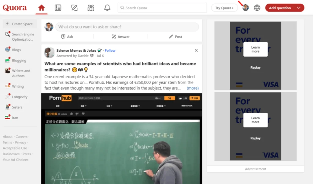 Connectez-vous à Quora et cliquez sur l’icône de votre profil.