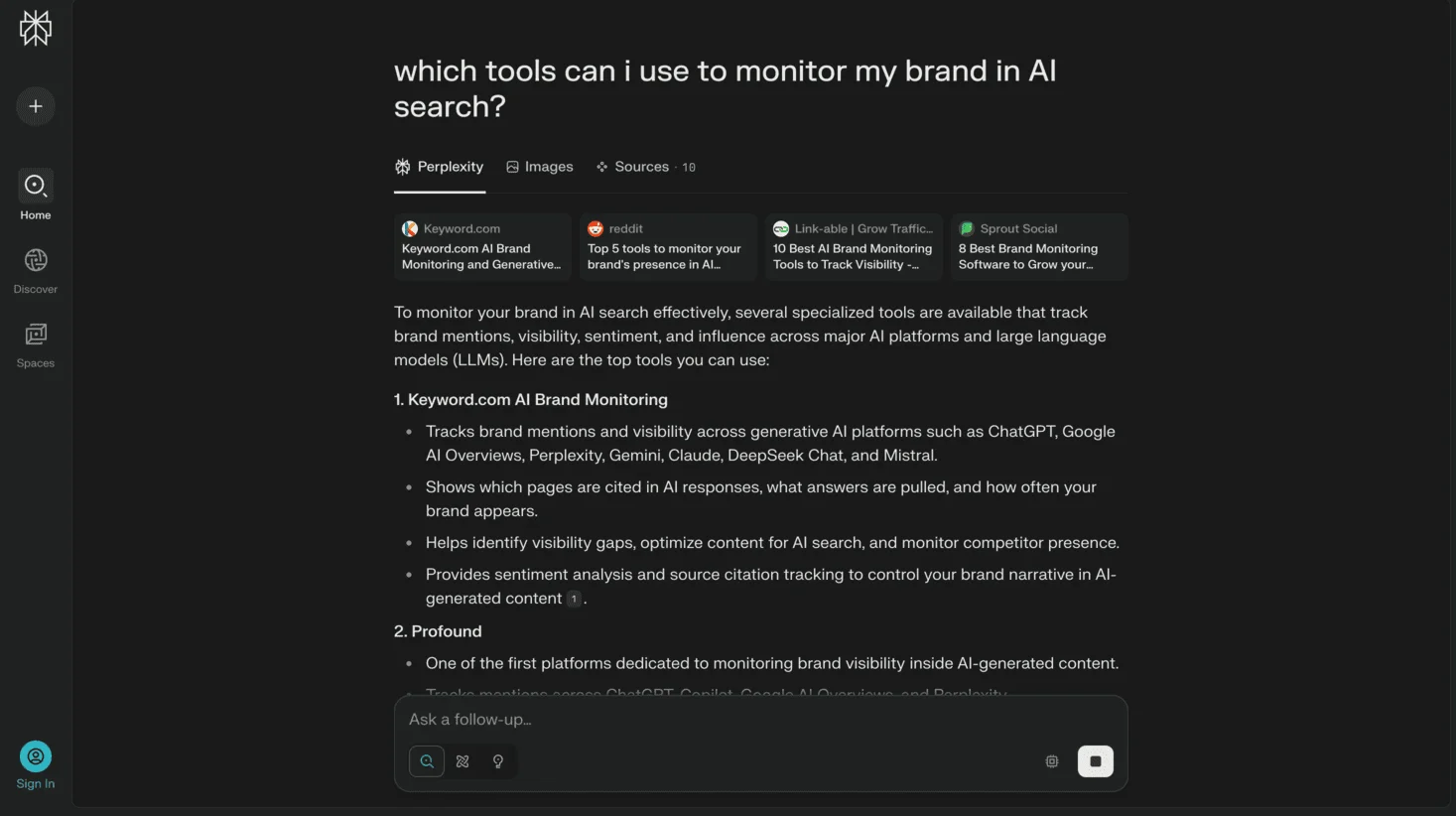 Screenshot of Perplexity AI results showing tools like Keyword.com and Onetary for monitoring brand visibility in AI platforms