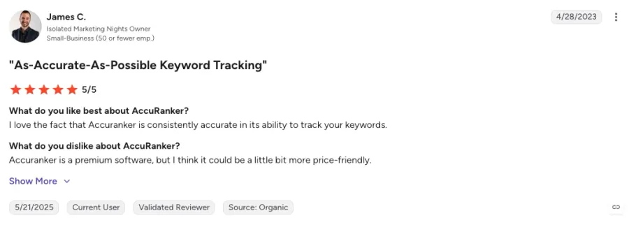 Five-star AccuRanker G2 review titled As-Accurate-As-Possible Keyword Tracking, praising consistent rank tracking accuracy but calling the software premium-priced