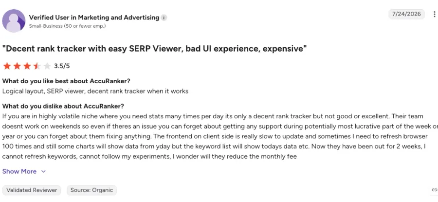 3.5-star AccuRanker G2 review criticising the slow client-side interface, high price, and lack of weekend customer support