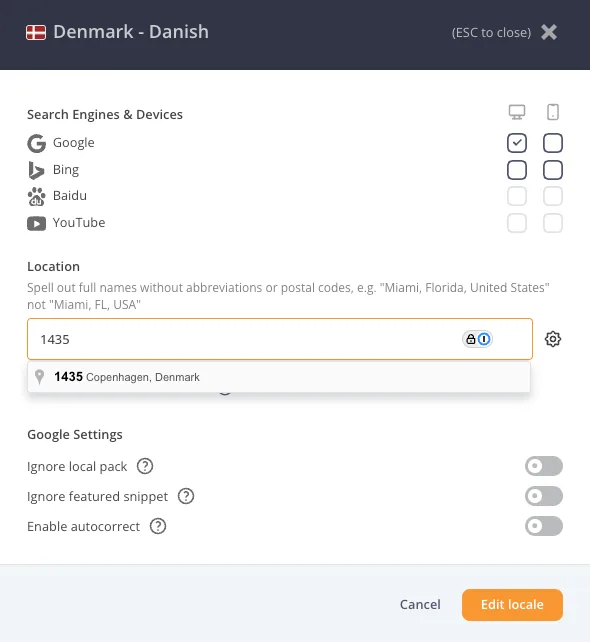 AccuRanker local rank tracking settings targeting a Copenhagen postal code across Google, Bing, Baidu, and YouTube on desktop and mobile