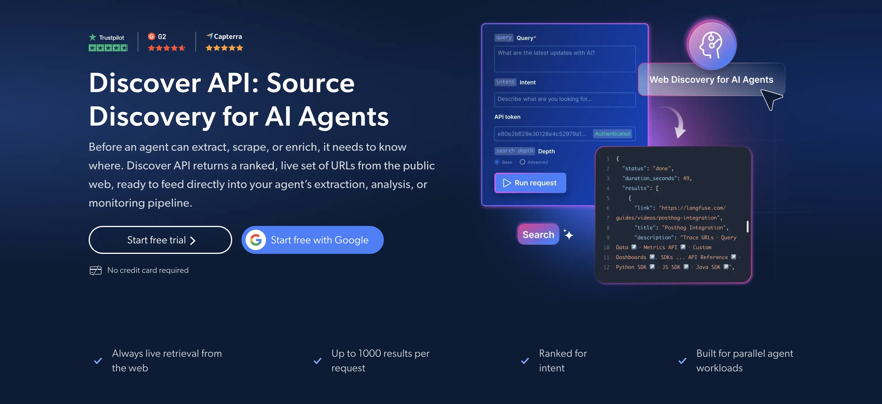 Bright Data's Discover API page: source discovery for AI agents, returning a ranked, live set of URLs from the public web.