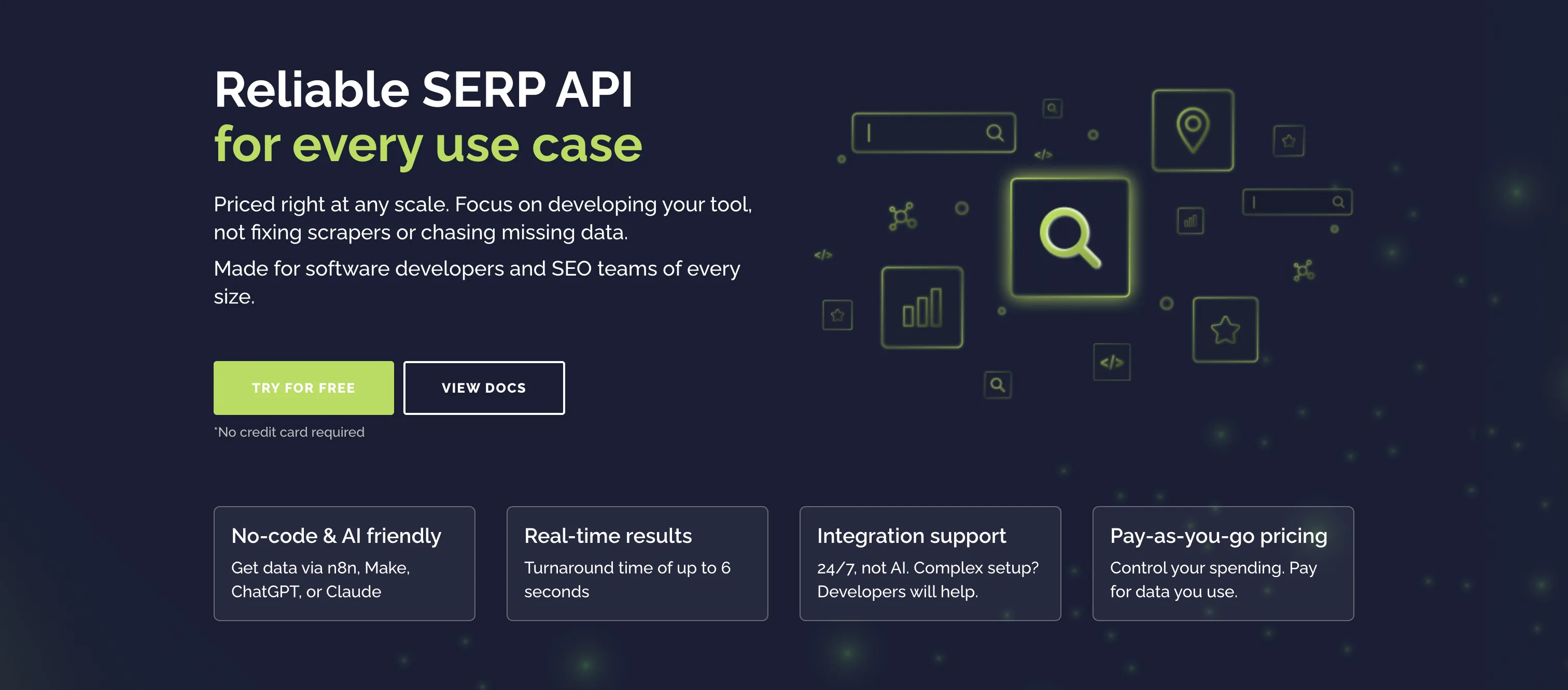 DataForSEO's SERP API homepage: reliable SERP API for every use case, pay-as-you-go pricing, real-time results, and integration support.