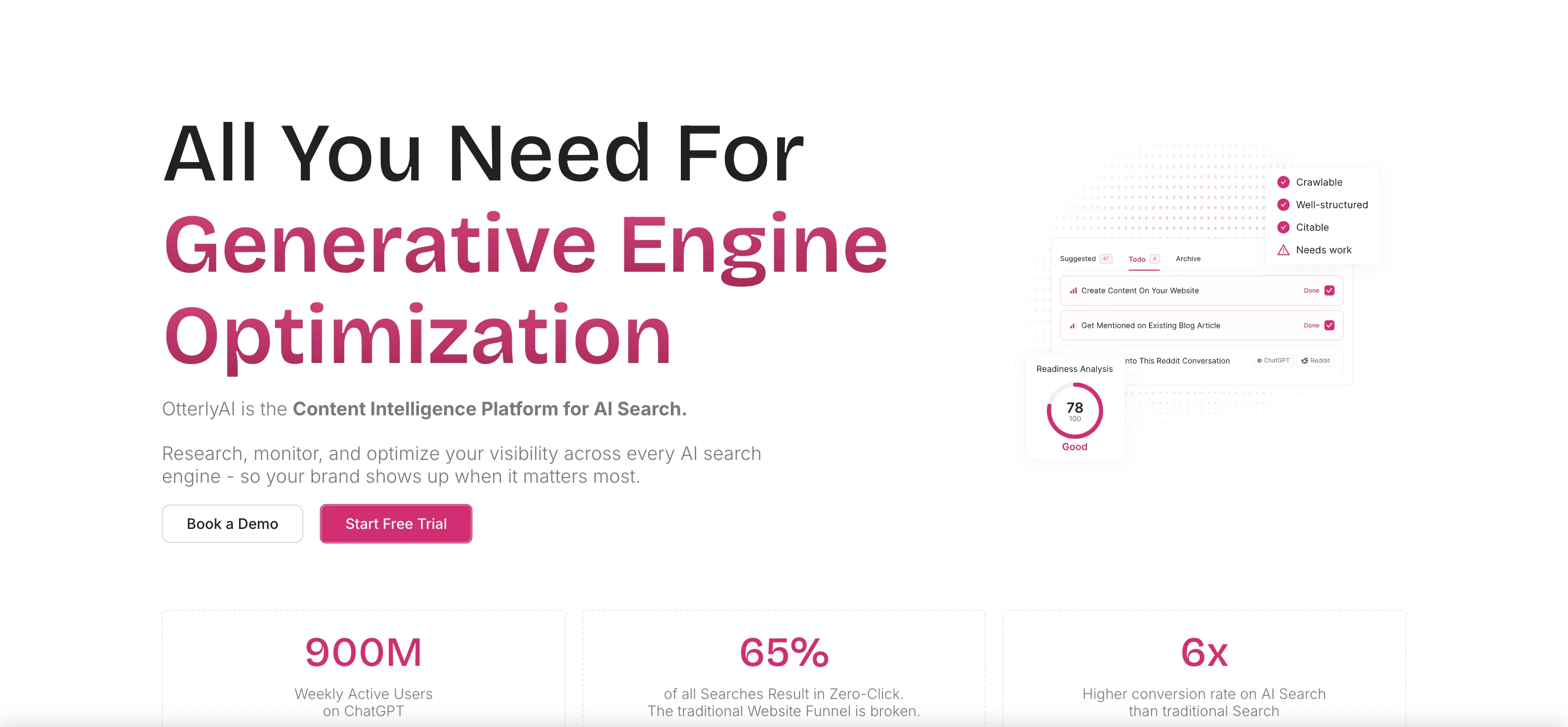 OtterlyAI homepage: the Content Intelligence Platform for Generative Engine Optimization, monitoring brand visibility across AI search engines.
