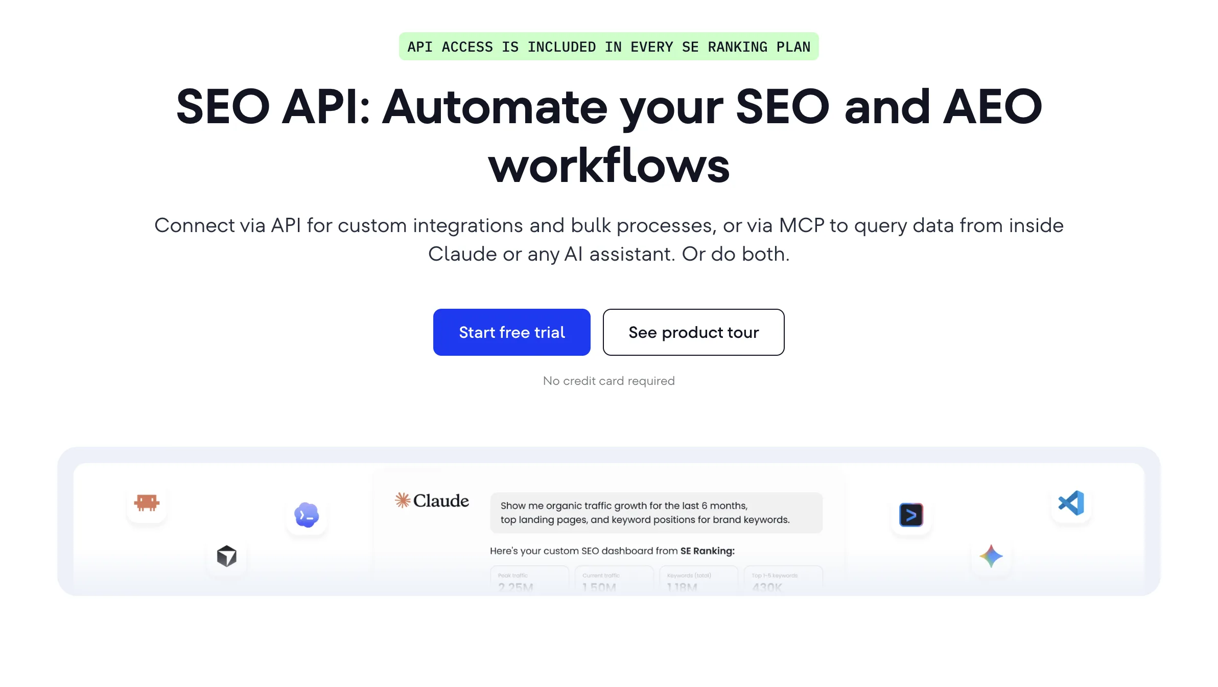 SE Ranking's SEO API page: API access is included in every SE Ranking plan, automating SEO and AEO workflows.