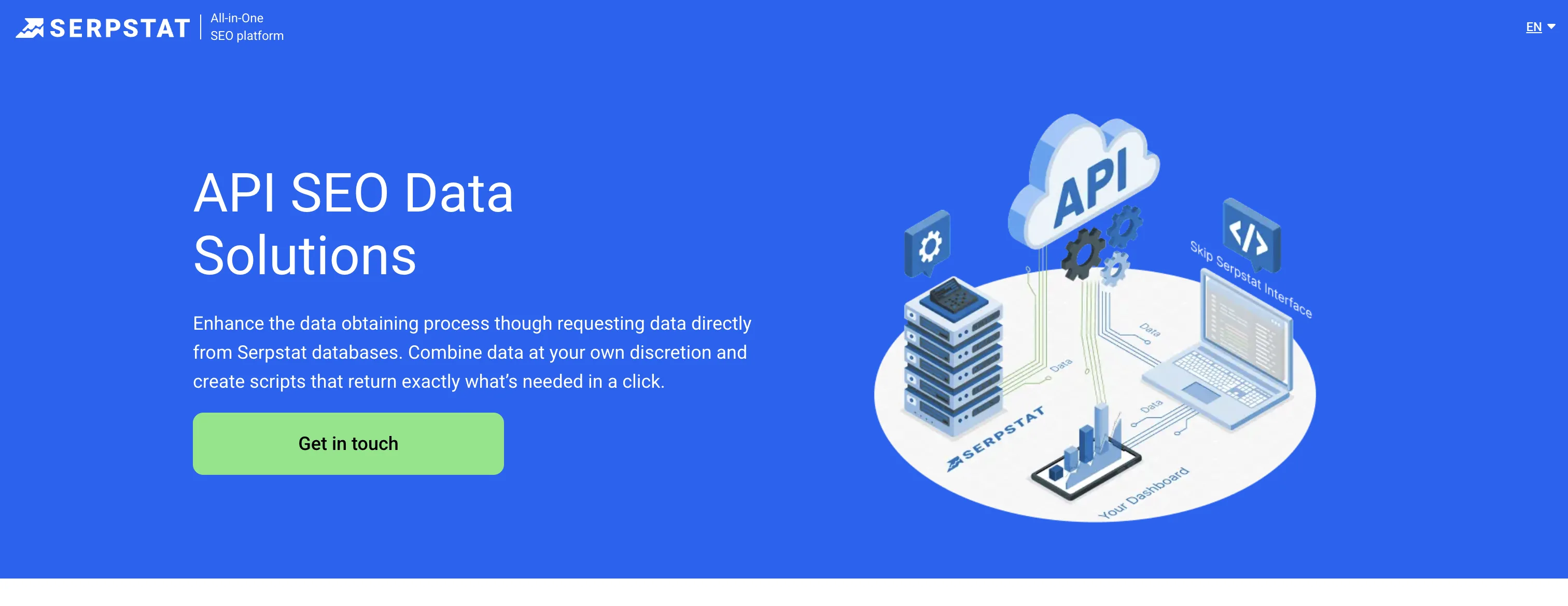 Serpstat's API page: API SEO data solutions for requesting data directly from Serpstat databases.