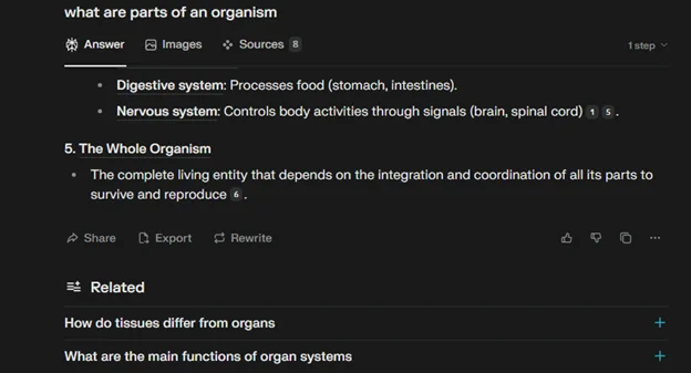 Instantané d’une réponse d’IA expliquant des parties de l’organisme et des fonctions biologiques dans un résultat de recherche
