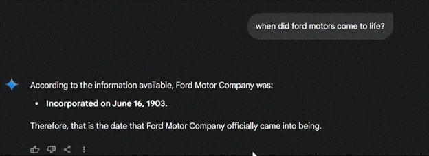 Résultat généré par l’IA indiquant la date de constitution de Ford Motor Company dans un format conversationnel