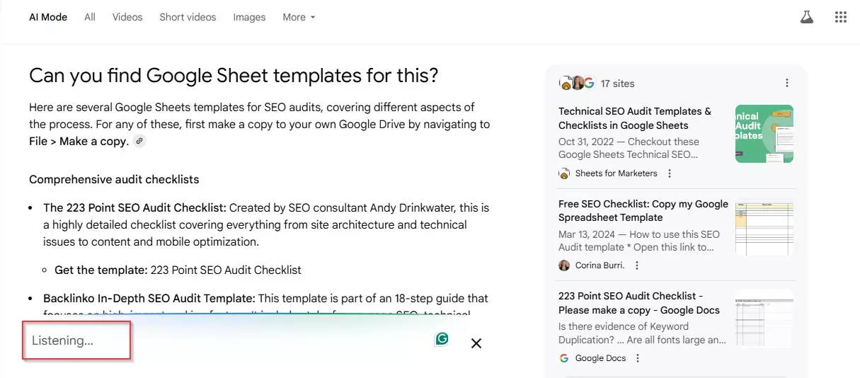 Capture d'écran montrant la fonctionnalité audio d'AI Mode