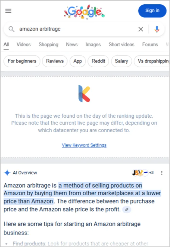 Capture d’écran de l’aperçu de l’IA de Google expliquant l’arbitrage Amazon comme méthode d’achat sur d’autres places de marché et de revente sur Amazon.