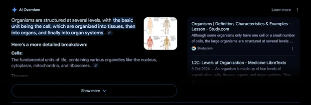 Capture d’écran d’un panneau de présentation de Google AI décomposant les informations biologiques avec des sources liées